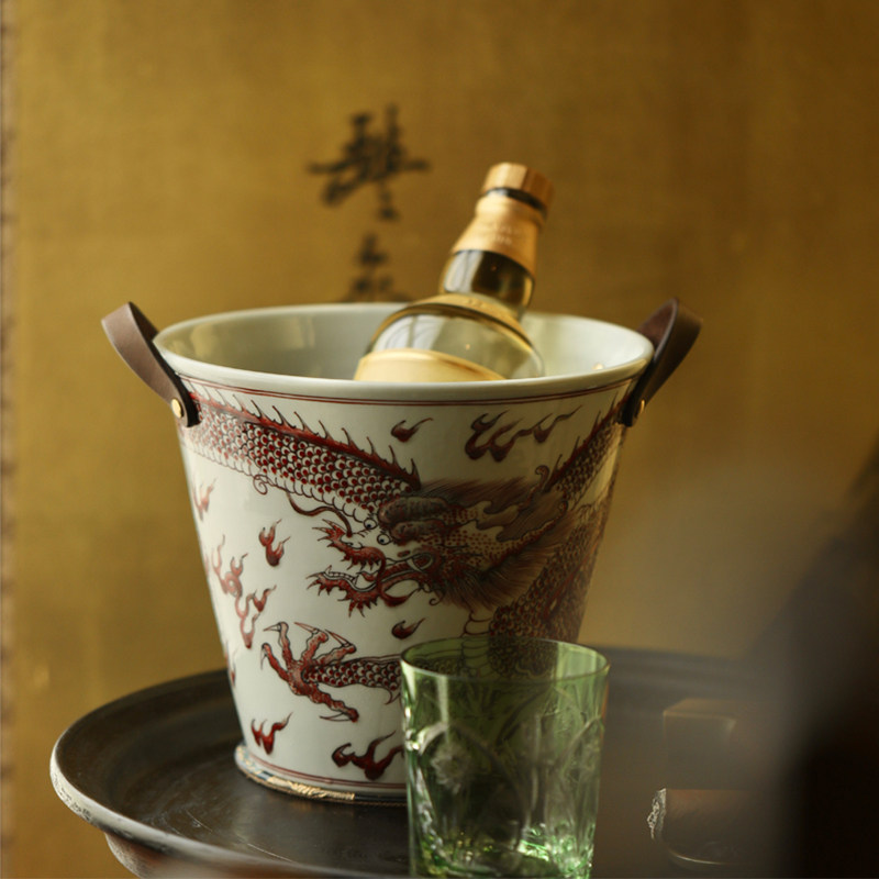 七月长弥云斋陶瓷冰桶 手绘釉里红祥龙纹手提冰镇红酒桶 香槟桶