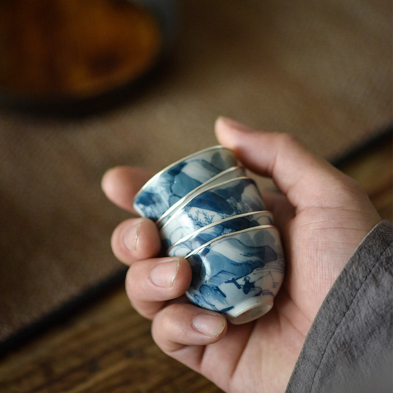 七月长景德镇陶瓷茶杯手绘青花山水功夫茶品茗杯礼盒装中式弥云斋