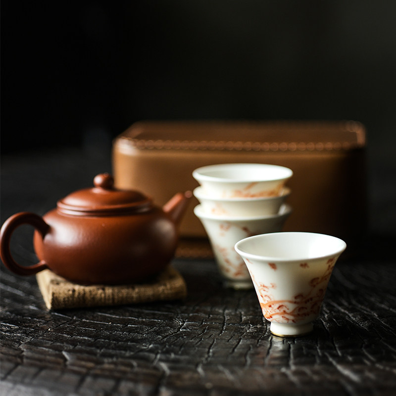 七月长景德镇陶瓷功夫茶具套组紫砂壶品杯手绘矾红梅花茶杯弥云斋