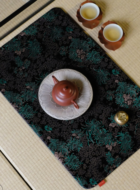 七月长茶席 慢蓝双面香云纱织锦茶台布 手工中式复古桌旗 慢蓝