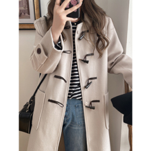 GUOGEV冬日系复古纯色连帽燕麦色中长款羊角扣羊毛呢牛角扣大衣女