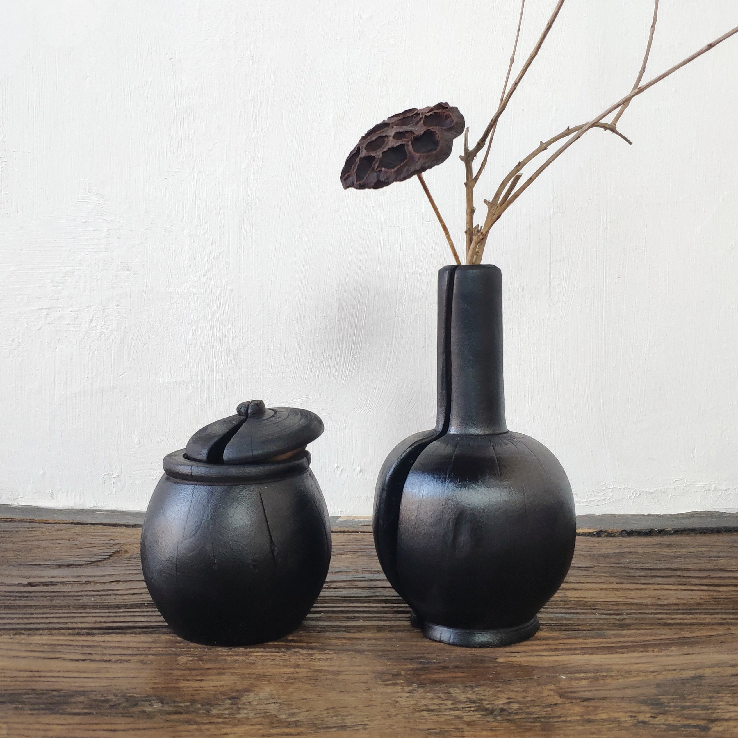 侘寂风软装中古风花瓶木制花器日式民宿客厅桌面玄关插花瓶小摆件