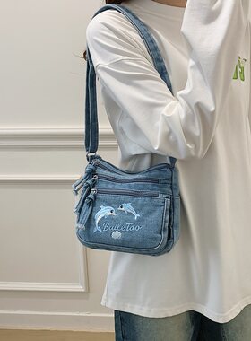 日系牛仔多层小方斜挎包女