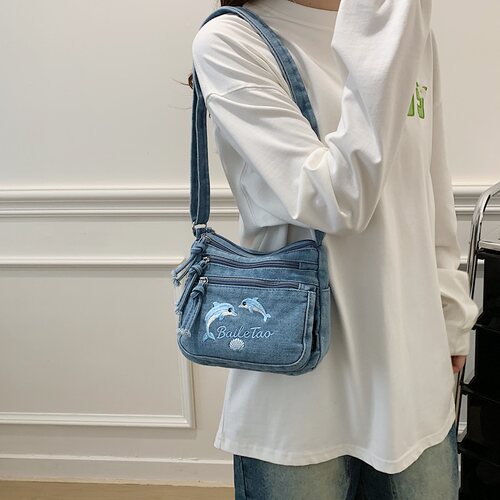 日系牛仔多层小方斜挎包女