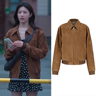 高允真明星同款 高街棕色复古简约宽松夹克外套绑带碎花连衣裙 美式