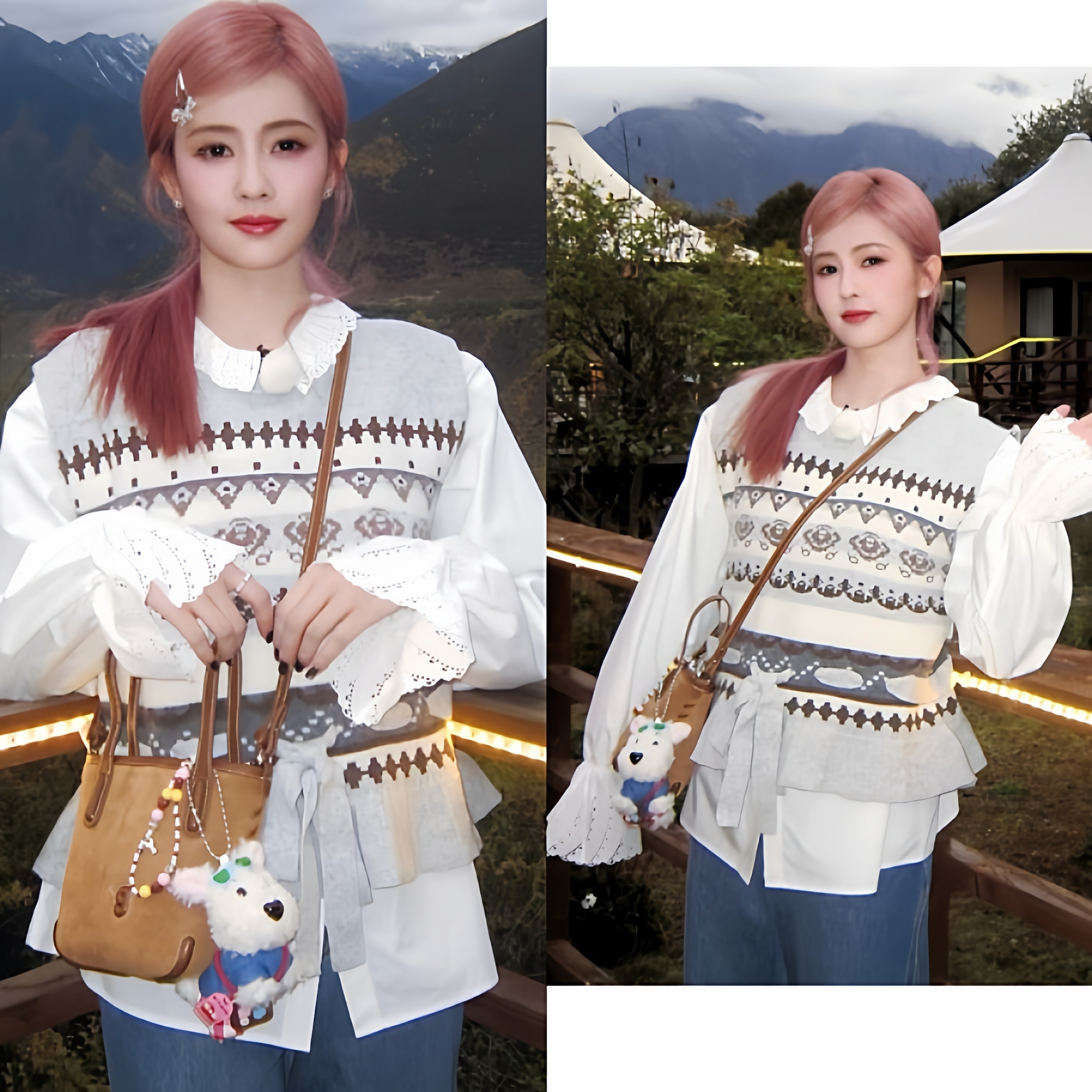 白鹿明星同款提花绑带设计噶针织衫背心花边领口长袖衬衫甜美套装