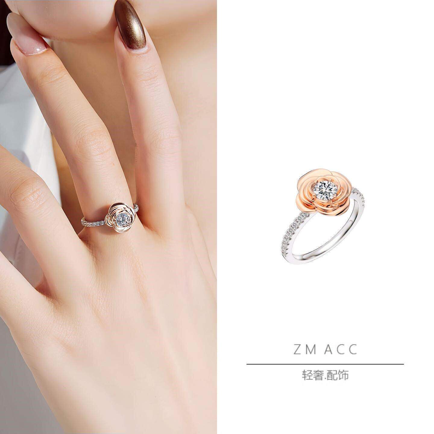 2026新款玫瑰花卉单钻戒指S925纯银双色花朵花瓣精致爆闪婚戒女戒