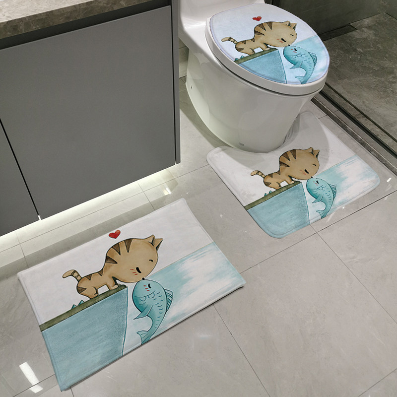 卡通奶牛可爱猫咪狗狗马桶套3件套地垫厕所马桶座套u凹型脚垫盖套