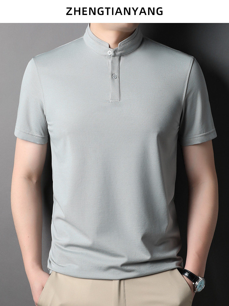 SUMMER MULBERRY SILK STAND-UP COLLAR POLO SHIRT MENS ICE SILK COTTON SHORT-SLEEVED T-SHIRT CHINESE CASUAL SOLID COLOR HALF-SLEEVED THIN T-SHIRT