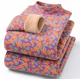 德绒保暖内衣女士秋冬季印花驼绒套装加绒加厚高领中老年内穿打底