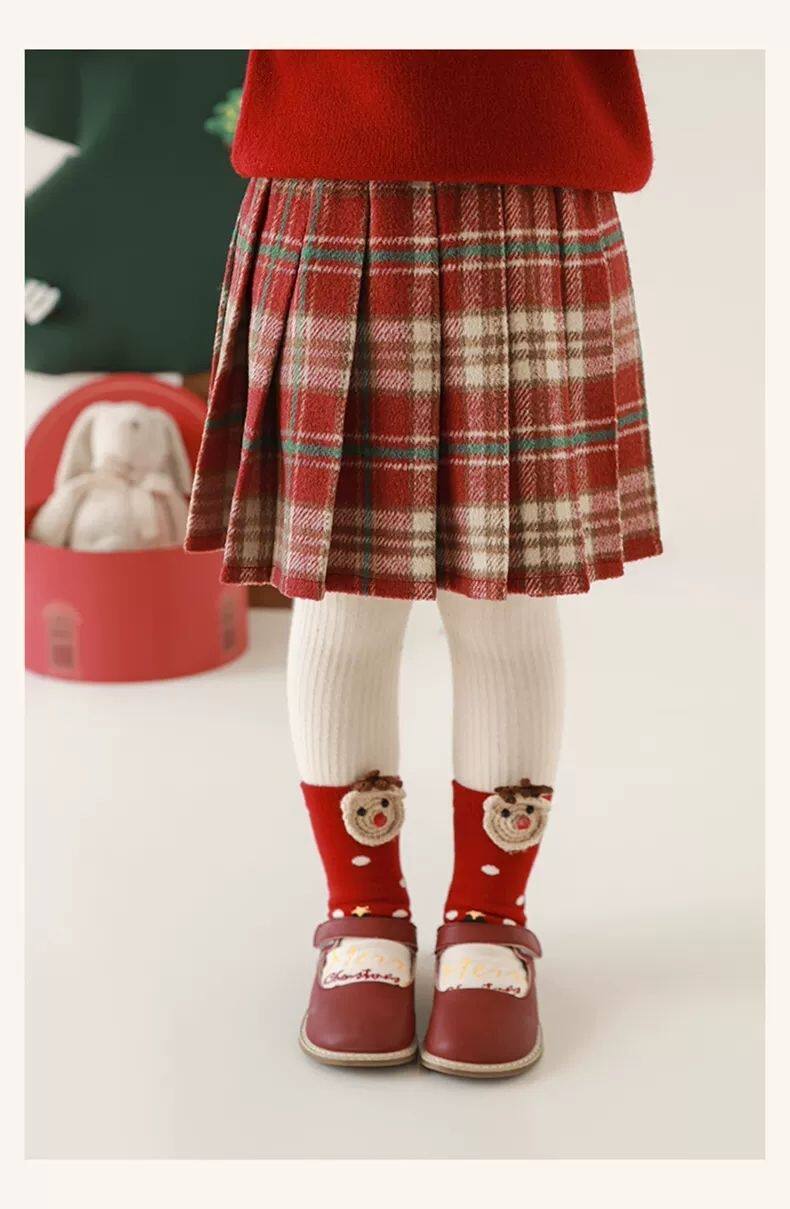 女童红色毛呢格子半身裙秋冬新款儿童a字短裙宝宝圣诞可爱百褶裙