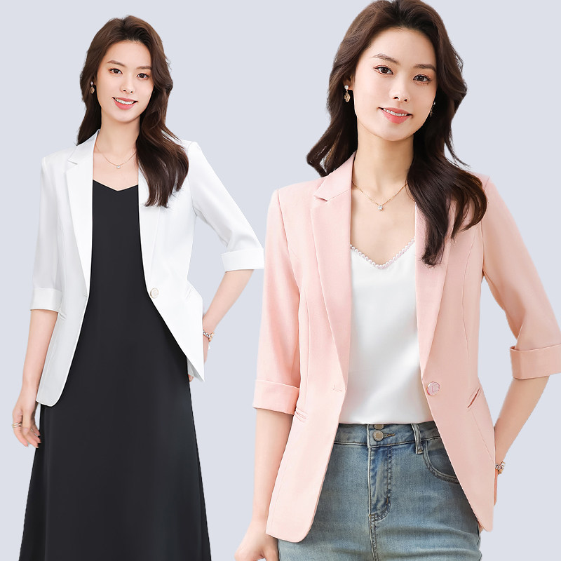 夏季薄款粉色七分袖西装外套女新款休闲短款小个子中袖西服夏