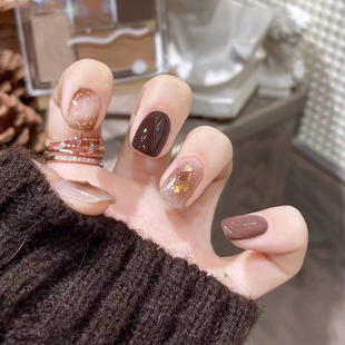 棕色跳色晕染金线贝母片 秋冬手工光疗穿戴甲 气质显白新娘美甲片