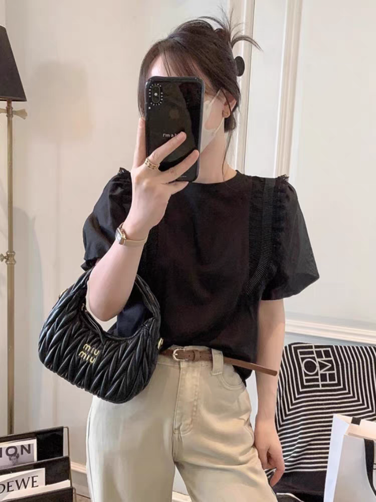 韩版气质穿搭短袖t恤衫女春夏款何叶边设计感小众洋气减龄上衣潮