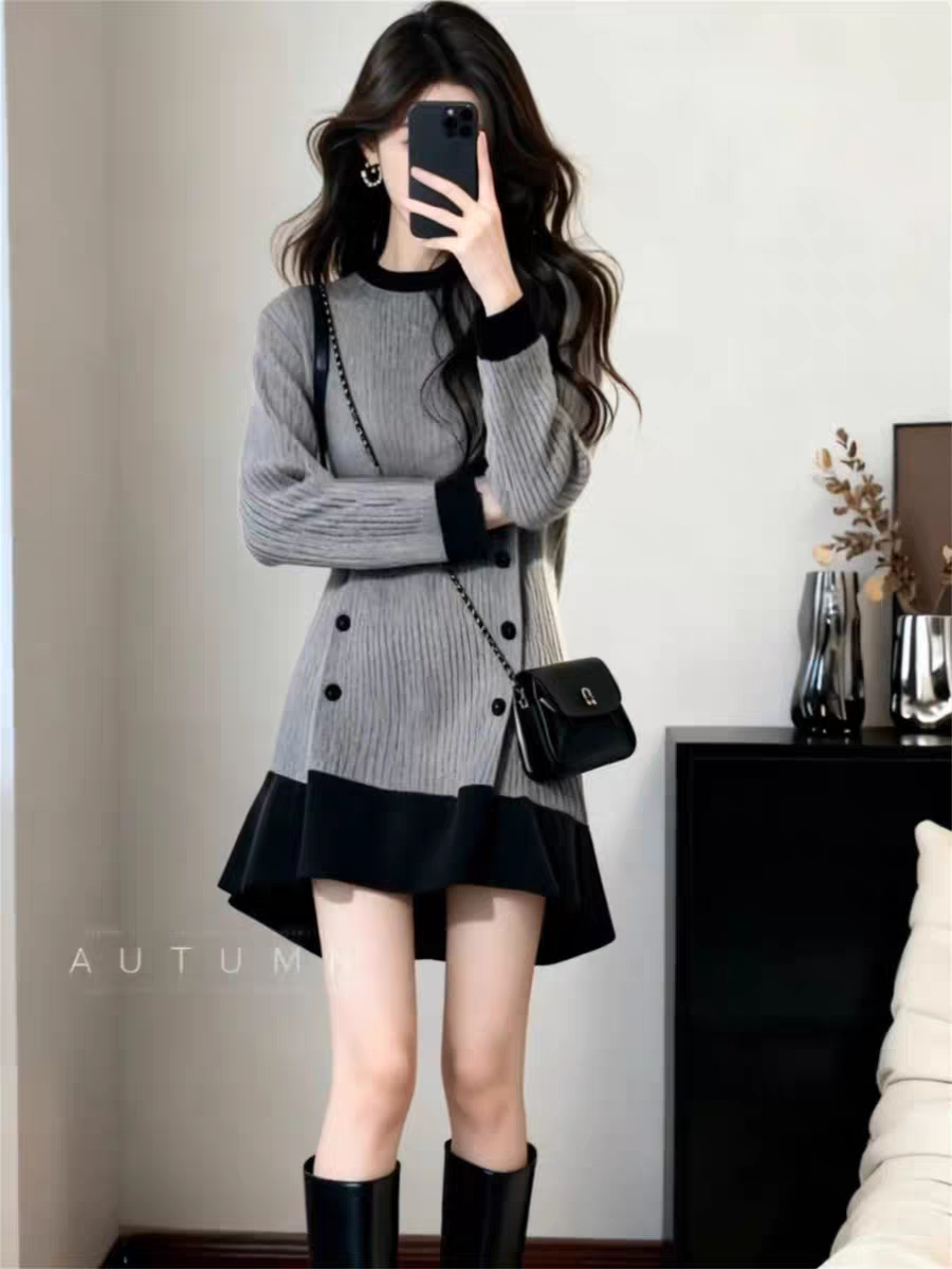 2025冬女装新款欧货小香风灰色撞色针织连衣裙收气质显瘦A字裙潮