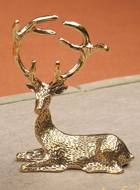 复古黄铜麋鹿长发金鹿摆件黄铜小鹿客厅茶桌 桌面茶宠工艺装饰品