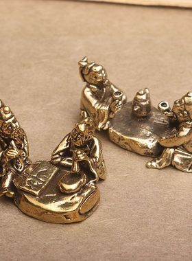 复古实心纯黄铜办公桌面车载小摆件老人琴棋书画道工艺品手把玩件