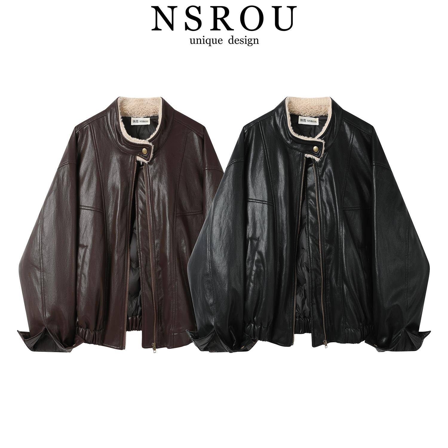 覆古美拉德圆领羽绒内胆皮衣外套女秋冬加绒短款宽松气质夹克