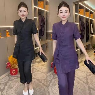 套装 新款 国风时尚 女2025夏季 棉麻两件套 新中式 盘扣旗袍上衣小脚裤