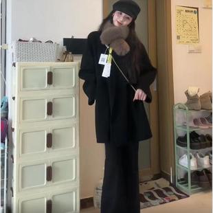 双面羊绒宽松黑色短款毛呢外套2025冬新款中长款小个子赫本风大衣