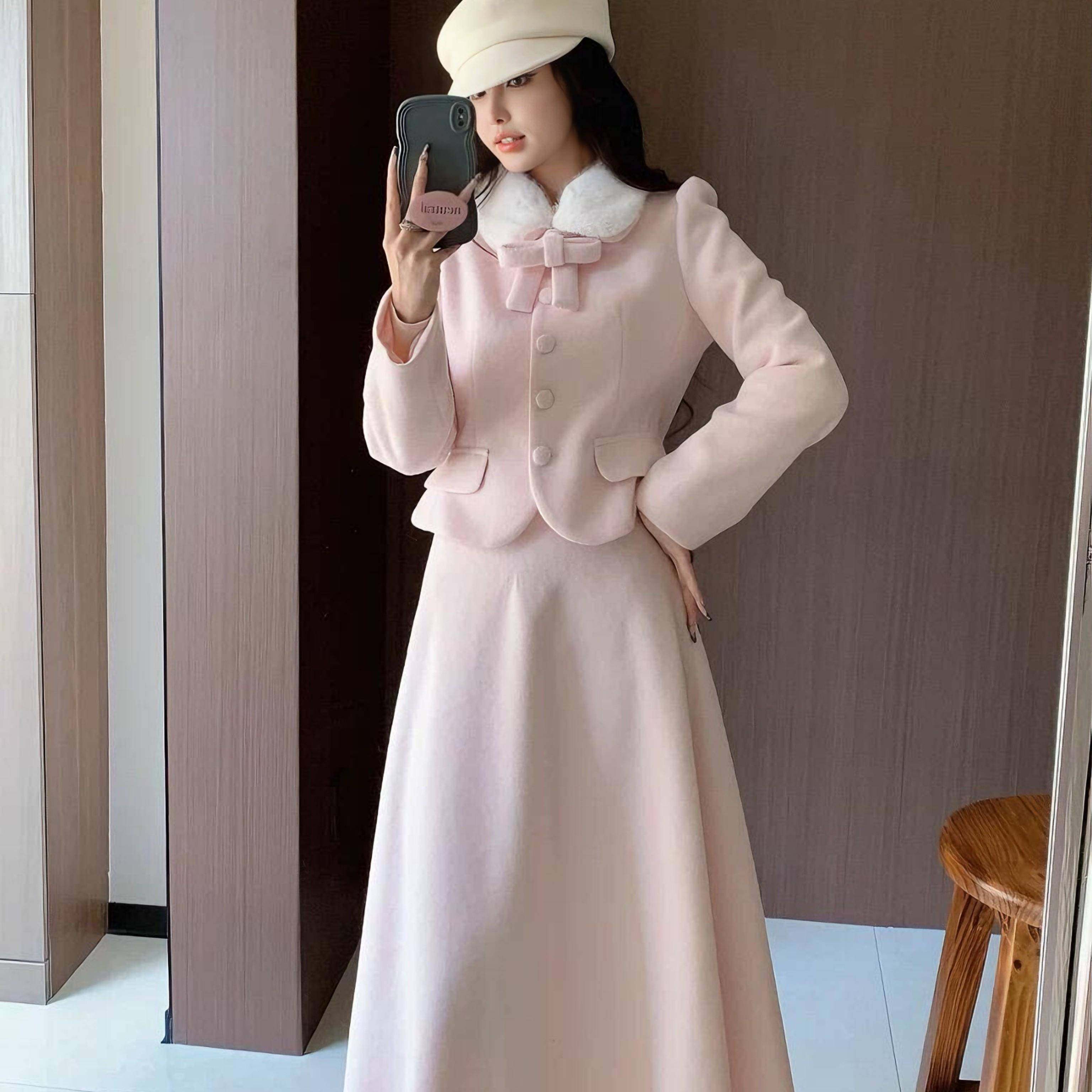 法式富家千金风保暖套装秋冬季粉色毛呢蝴蝶结外套高腰A字半身裙