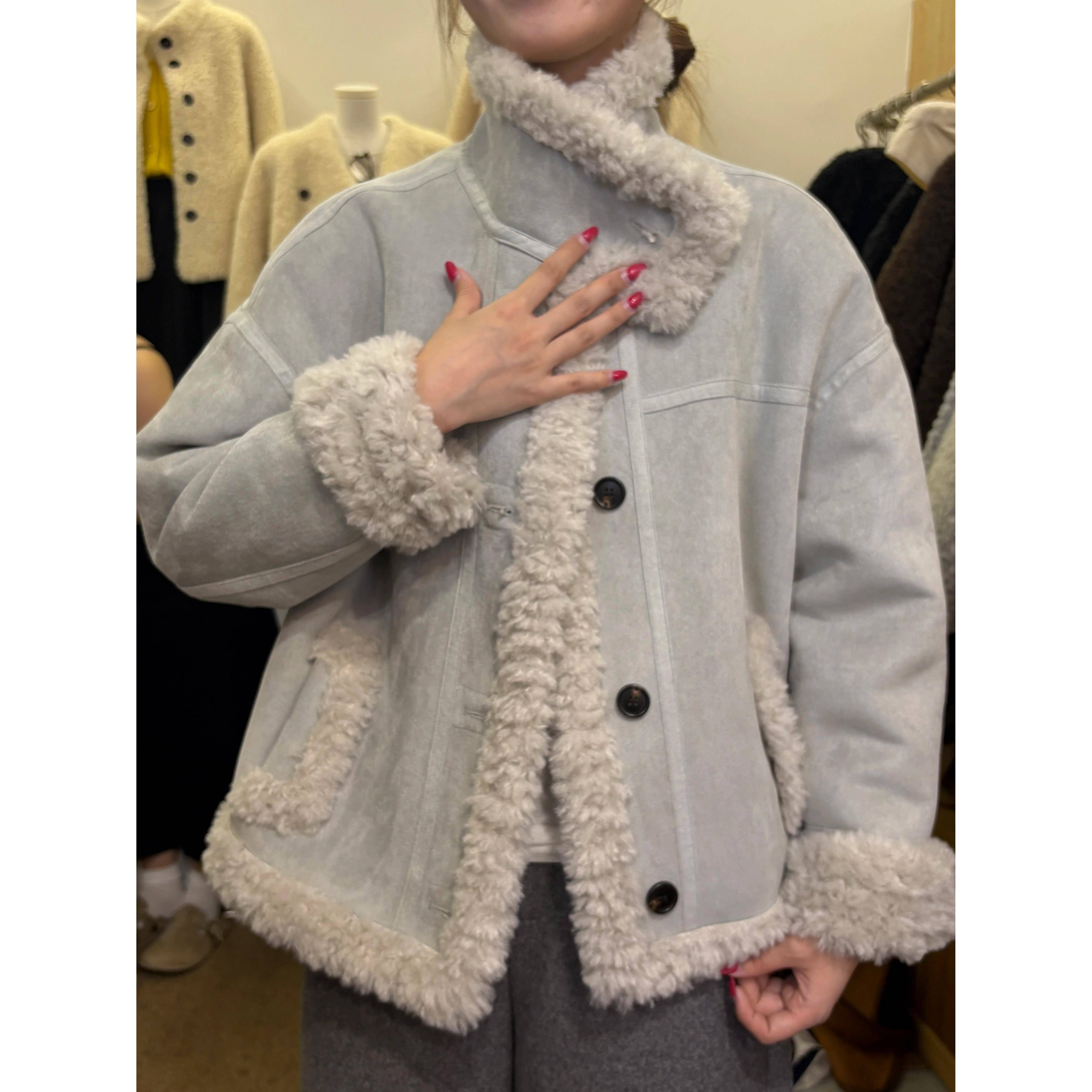 韩系立领麂皮绒皮毛一体上衣女2025冬季新款小个子加厚羊羔毛外套