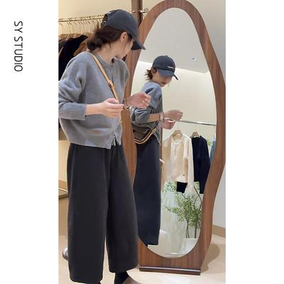 冬季穿搭一整套高级感双拉链开衫毛衣外套阔腿休闲裤洋气减龄套装