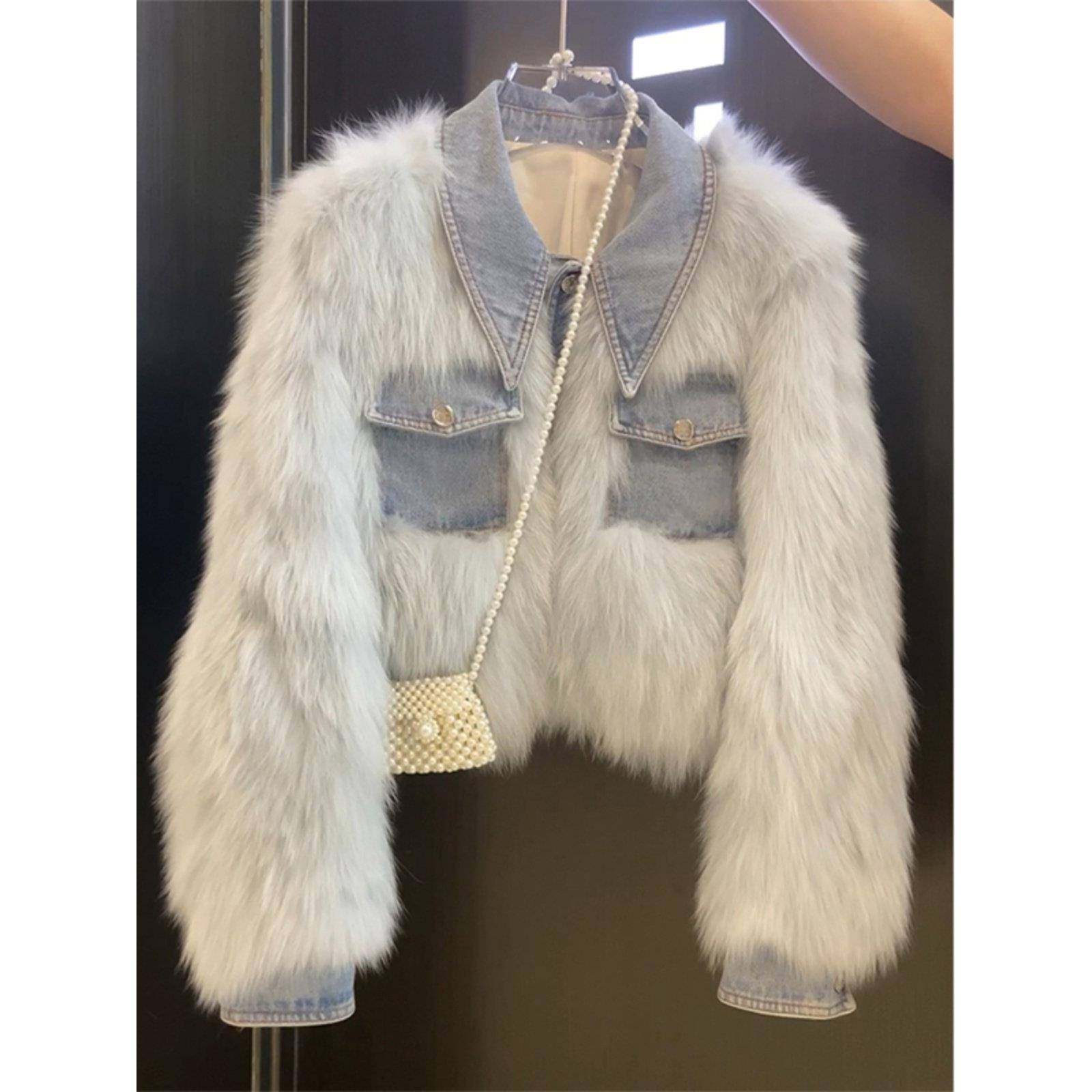 法国高端优雅淑女皮草精致毛绒柔软蜡蓝色拼接牛仔秋冬女式夹克,女装/女士精品,常规大码外套,淘宝优惠券,粉丝福利购,淘宝优惠卷