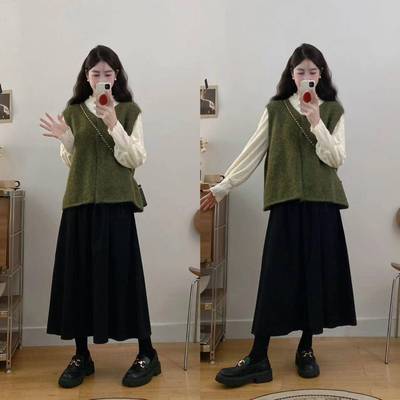 秋冬女装微胖MM穿搭配一整套高级感显瘦毛衣马甲半身裙子三件套装