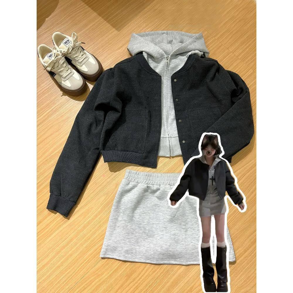 美式毛呢棒球服夹克外套女秋季短款卫衣套装秋冬一整套穿搭高级感