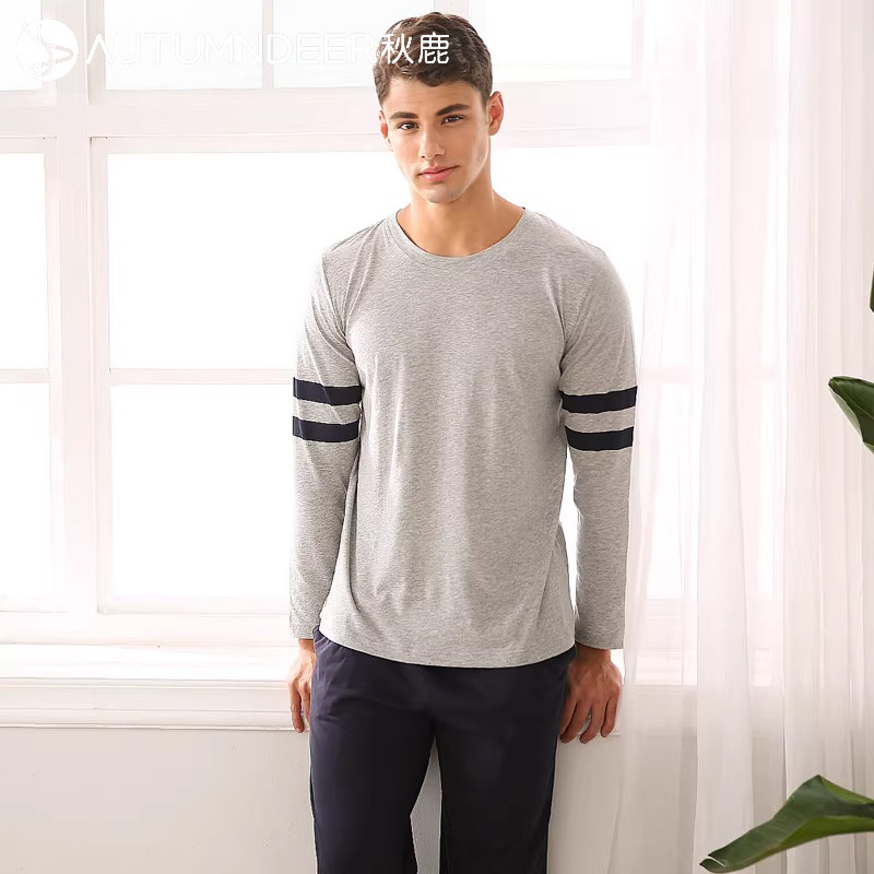 秋鹿春秋季纯棉睡衣男士长袖套头全棉简约运动可外穿家居服套装秋