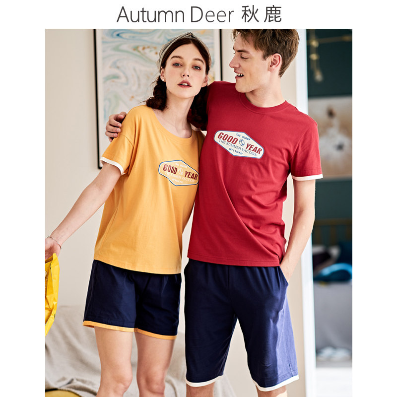 秋鹿情侣睡衣夏季新款短袖圆领薄款纯棉运动休闲男女家居服套装