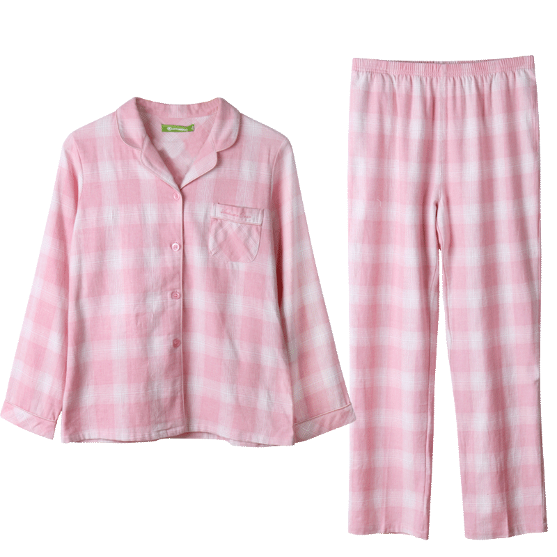 秋鹿新款睡衣女春秋季长袖梭织纯棉女士家居服套装简约格子开衫秋