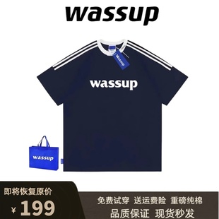 WASSUP重磅纯棉短袖 复古三条杠T恤情侣宽松潮流运动上衣 男女美式