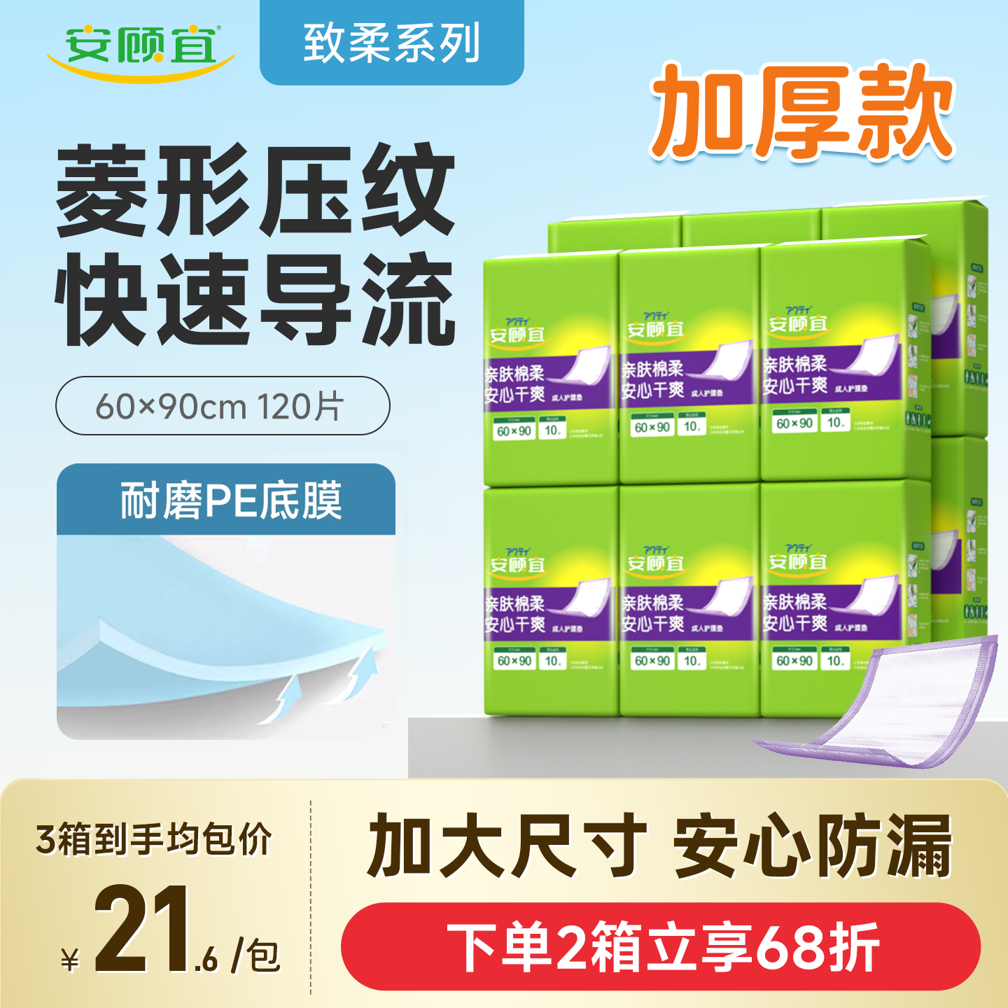 安顾宜成人护理垫60*90大尺寸隔尿垫防漏加厚耐磨整箱120片
