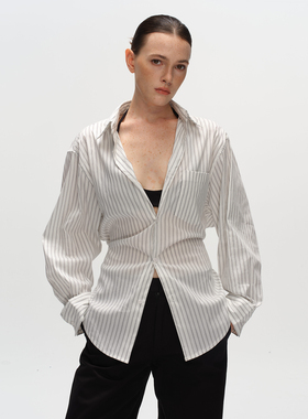 Metaricotta 黑白竖条纹后背绑带设计感高级衬衫女