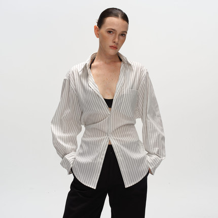 Metaricotta 黑白竖条纹后背绑带设计感高级衬衫女