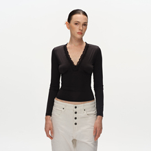 Metaricotta 深V领蕾丝拼接显瘦打底衫弹力高级感上衣女