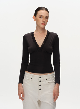 Metaricotta 深V领蕾丝拼接显瘦打底衫弹力高级感上衣女