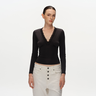 Metaricotta 深V领蕾丝拼接显瘦打底衫弹力高级感上衣女