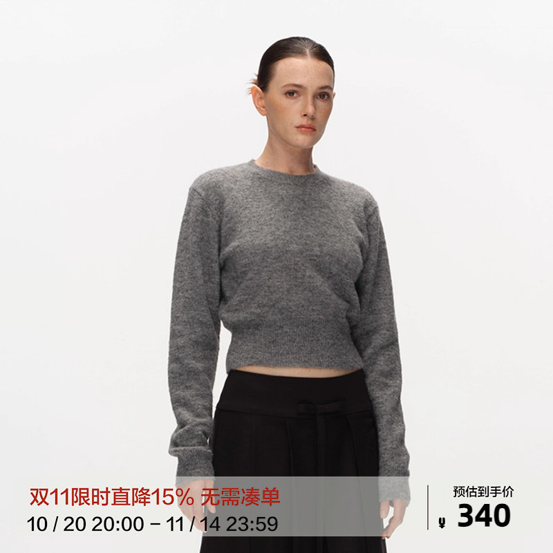 Metaricotta 灰色休闲收腰短款针织衫女慵懒感毛衣