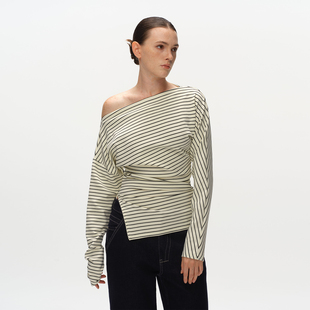 Metaricotta 条纹斜肩慵懒感收腰长袖不规则设计褶皱上衣女