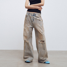 METARICOTTA 做脏做旧水洗破洞牛仔裤阔腿复古街头直筒宽松长裤