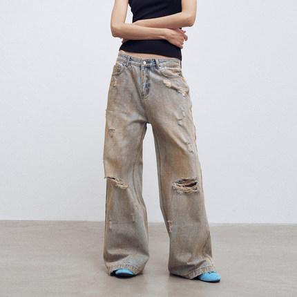 METARICOTTA 做脏做旧水洗破洞牛仔裤阔腿复古街头直筒宽松长裤