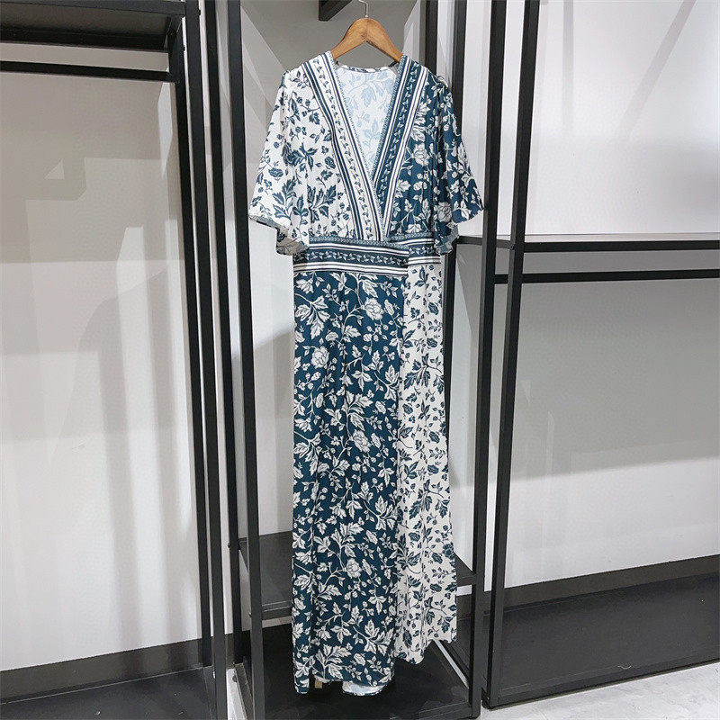 你好天使2023年夏季新款女装连衣裙时尚拼色印花通勤衬衫长裙质感