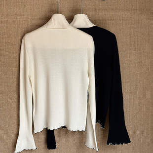 浪漫木槿花边人字纹美丽诺羊毛喇叭袖针织衫打底衫