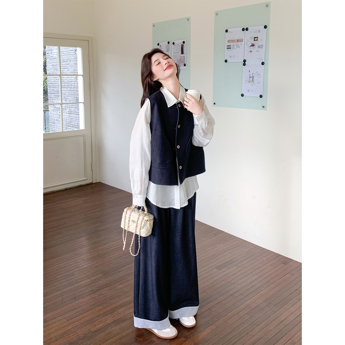 蓝色韩系牛仔马甲阔腿裤套装女2026春季新款休闲小个子气质两件套