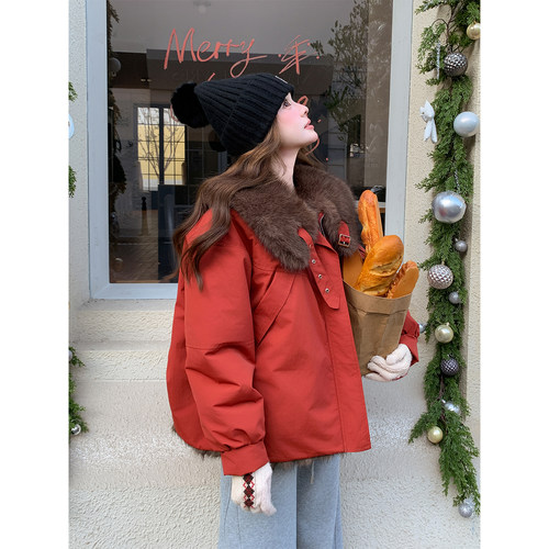 甜酷慵懒风红棕两面穿毛绒外套女2025冬季新款显瘦小个子派克棉服