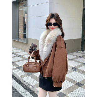 大毛领咖色pu皮短款羽绒服女冬季巨好看内胆白鸭绒皮毛一体厚外套