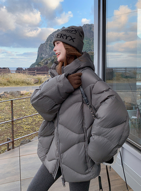 灰色韩系泡芙感短款连帽羽绒服女2025冬新款保暖厚实90鹅绒外套